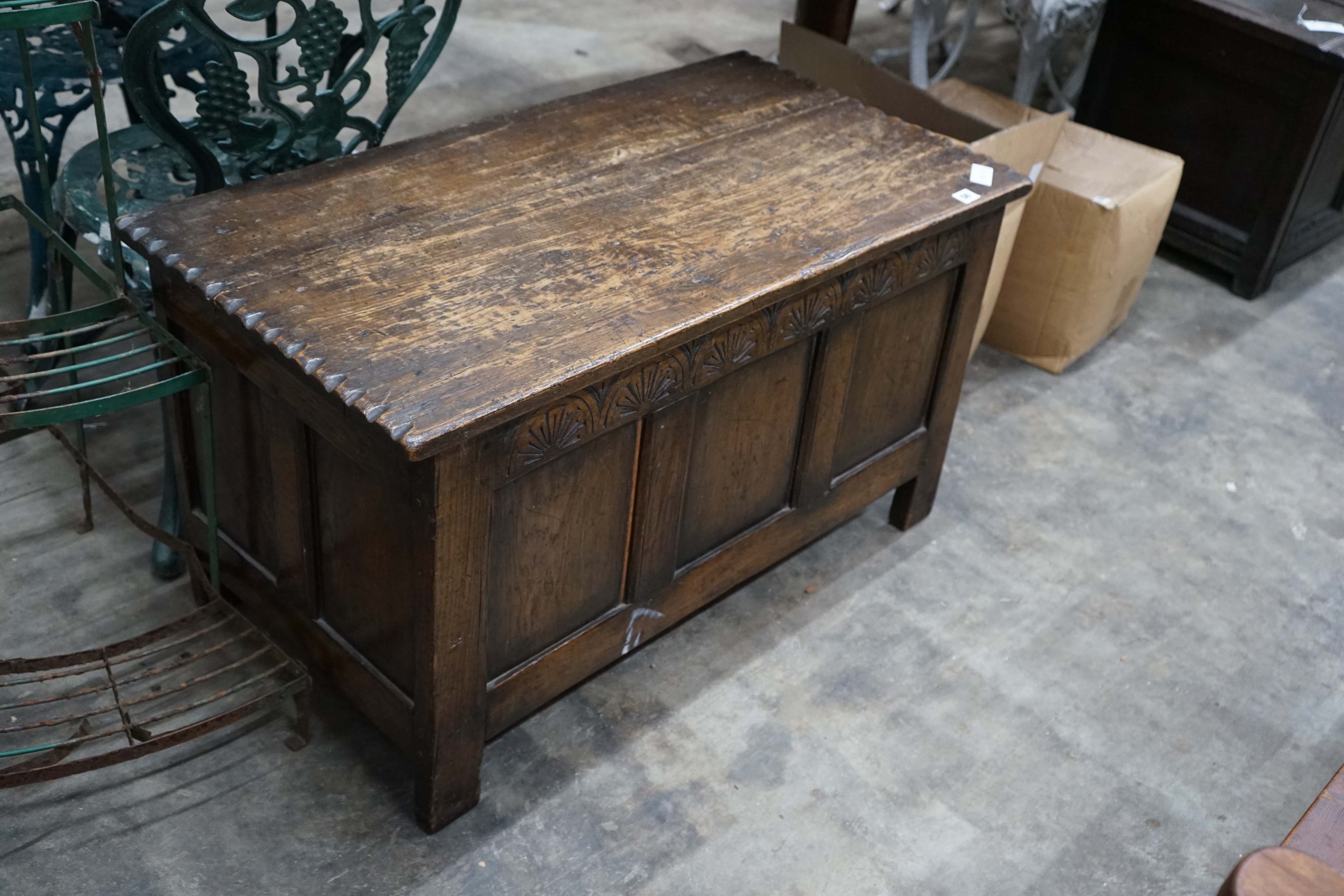 A small 17th century style oak coffer, width 96cm depth 49cm height 53cm